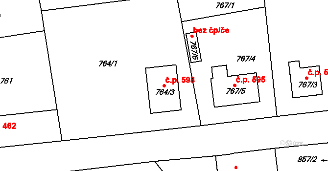 Tuchlovice 598 na parcele st. 764/3 v KÚ Tuchlovice, Katastrální mapa