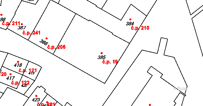 Křelov 19, Křelov-Břuchotín na parcele st. 385 v KÚ Křelov, Katastrální mapa