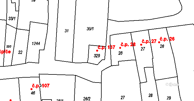 Rožmberk nad Vltavou 137 na parcele st. 329 v KÚ Rožmberk nad Vltavou, Katastrální mapa