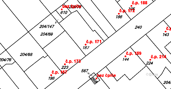 Sulejovice 171 na parcele st. 187 v KÚ Sulejovice, Katastrální mapa
