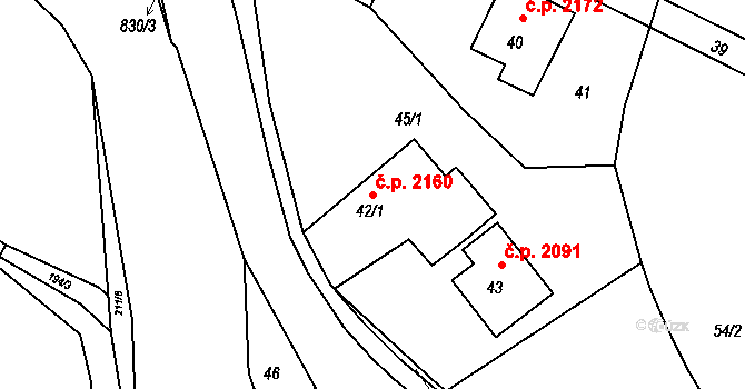 Rožnov pod Radhoštěm 2160 na parcele st. 42/1 v KÚ Hážovice, Katastrální mapa