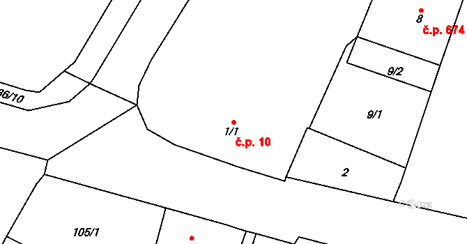 Dolní Lutyně 10 na parcele st. 1/1 v KÚ Dolní Lutyně, Katastrální mapa