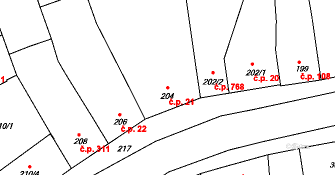 Chrlice 21, Brno na parcele st. 204 v KÚ Chrlice, Katastrální mapa