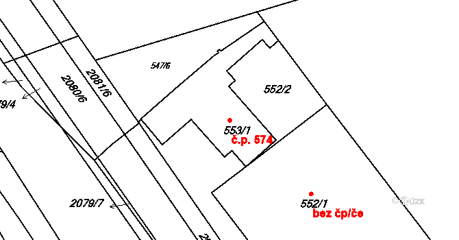 Komárov 574, Brno na parcele st. 553/1 v KÚ Komárov, Katastrální mapa
