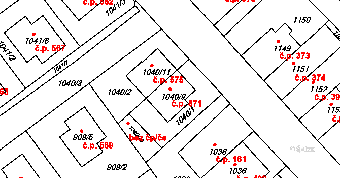 Obřany 571, Brno na parcele st. 1040/9 v KÚ Obřany, Katastrální mapa