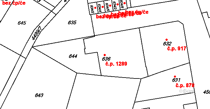 Teplice 1289 na parcele st. 636 v KÚ Teplice, Katastrální mapa