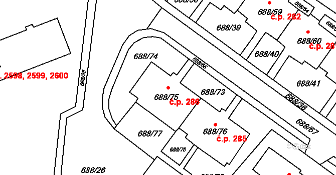 Frýdek 286, Frýdek-Místek na parcele st. 688/75 v KÚ Frýdek, Katastrální mapa