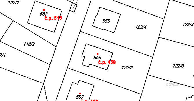 Zásmuky 458 na parcele st. 556 v KÚ Zásmuky, Katastrální mapa