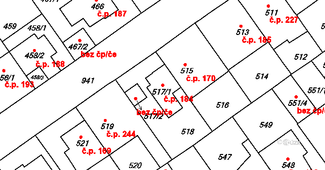 Malešice 184, Praha na parcele st. 517/1 v KÚ Malešice, Katastrální mapa