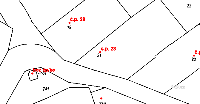 Červený Hrádek 28, Plzeň na parcele st. 21 v KÚ Červený Hrádek u Plzně, Katastrální mapa