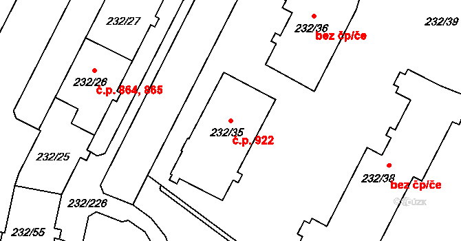 Lobzy 922, Plzeň na parcele st. 232/35 v KÚ Lobzy, Katastrální mapa