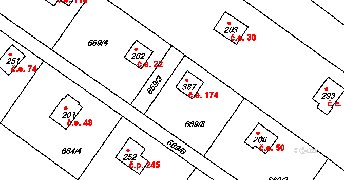 Budišovice 174 na parcele st. 387 v KÚ Budišovice, Katastrální mapa