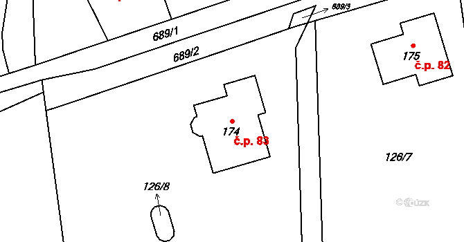 Teplice nad Bečvou 83 na parcele st. 174 v KÚ Teplice nad Bečvou, Katastrální mapa
