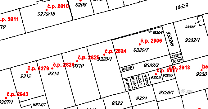 Jižní Předměstí 2824, Plzeň na parcele st. 9320/1 v KÚ Plzeň, Katastrální mapa