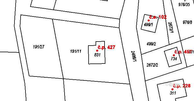 Pernink 427 na parcele st. 831 v KÚ Pernink, Katastrální mapa