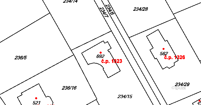 Nová Hospoda 1323, Kamenice na parcele st. 692 v KÚ Štiřín, Katastrální mapa