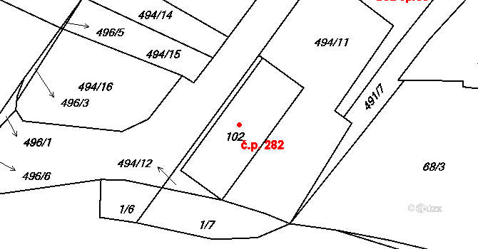 Dobronín 282 na parcele st. 102 v KÚ Střelecká, Katastrální mapa