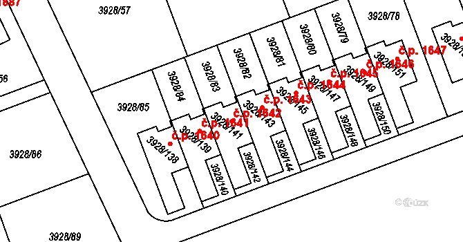 Úvaly 1642 na parcele st. 3928/141 v KÚ Úvaly u Prahy, Katastrální mapa