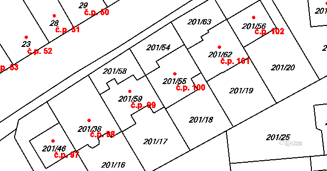 Popovice 100 na parcele st. 201/55 v KÚ Popovice u Rajhradu, Katastrální mapa