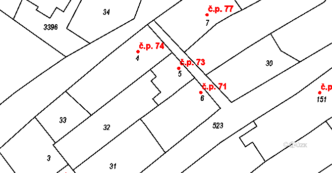 Vážany 73 na parcele st. 5 v KÚ Vážany u Vyškova, Katastrální mapa