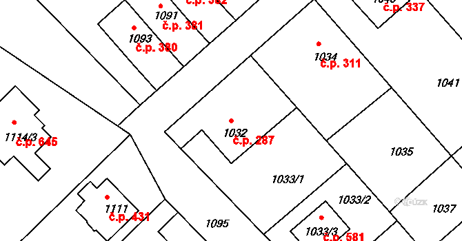 Štípa 287, Zlín na parcele st. 1032 v KÚ Štípa, Katastrální mapa