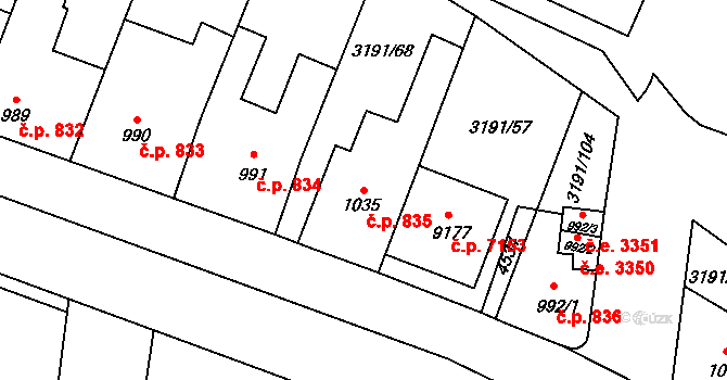 Zlín 835 na parcele st. 1035 v KÚ Zlín, Katastrální mapa