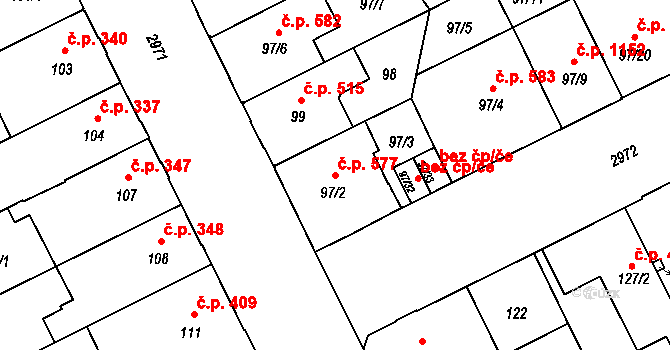 Předměstí 577, Opava na parcele st. 97/2 v KÚ Opava-Předměstí, Katastrální mapa
