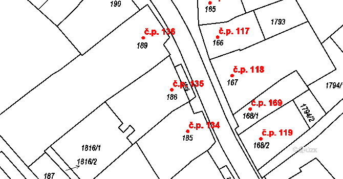 Hostěrádky-Rešov 135 na parcele st. 186 v KÚ Hostěrádky, Katastrální mapa