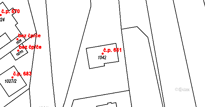 Buchlovice 651 na parcele st. 1042 v KÚ Buchlovice, Katastrální mapa
