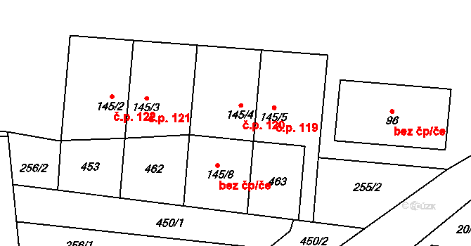 Únětice 120 na parcele st. 145/4 v KÚ Únětice u Prahy, Katastrální mapa
