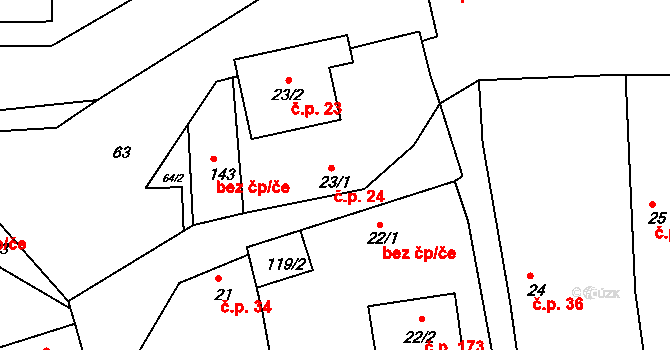 Dražice 24 na parcele st. 23/1 v KÚ Dražice u Tábora, Katastrální mapa