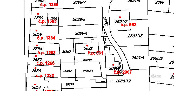 Louny 631 na parcele st. 2688 v KÚ Louny, Katastrální mapa