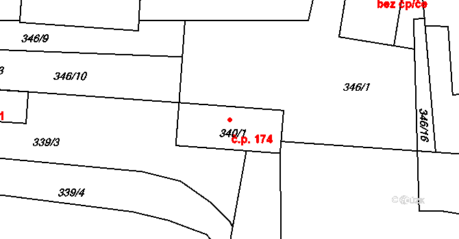 Koryčany 174 na parcele st. 340/1 v KÚ Koryčany, Katastrální mapa