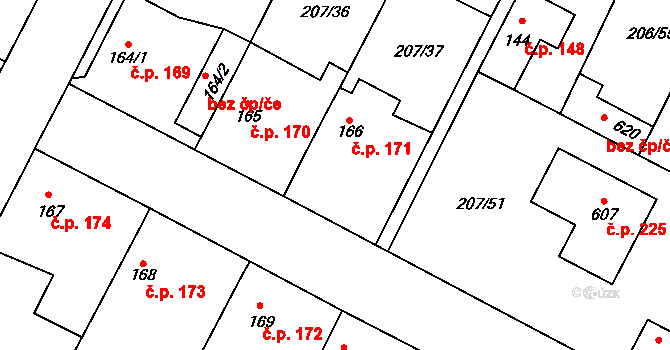 Chotětov 171 na parcele st. 166 v KÚ Chotětov, Katastrální mapa
