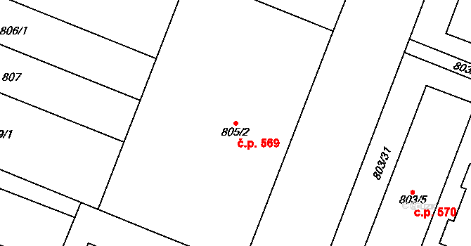 Modřice 569 na parcele st. 805/2 v KÚ Modřice, Katastrální mapa