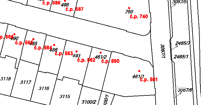 Kyjov 890 na parcele st. 461/2 v KÚ Kyjov, Katastrální mapa