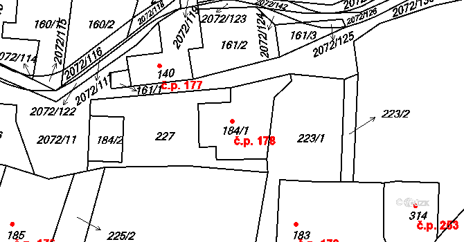 Liptaň 178 na parcele st. 184/1 v KÚ Liptaň, Katastrální mapa