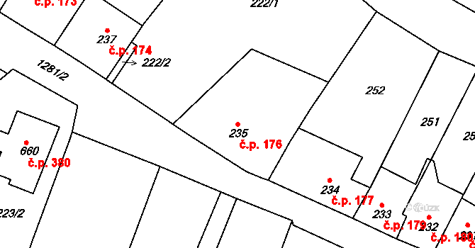 Miletín 176 na parcele st. 235 v KÚ Miletín, Katastrální mapa