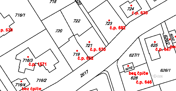 Radotín 633, Praha na parcele st. 721 v KÚ Radotín, Katastrální mapa