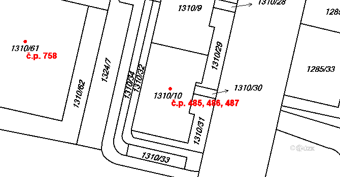 Troja 485,486,487, Praha na parcele st. 1310/8 v KÚ Troja, Katastrální mapa