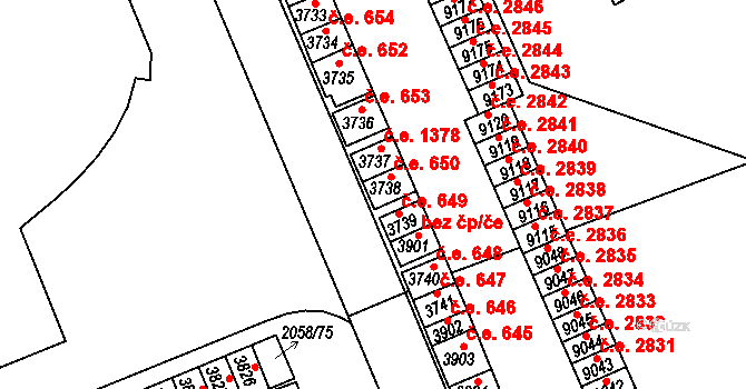 Hodonín 650 na parcele st. 3738 v KÚ Hodonín, Katastrální mapa