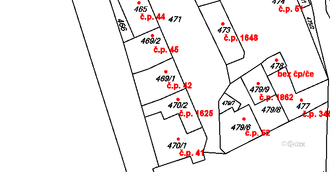 Šlapanice 42 na parcele st. 469/1 v KÚ Šlapanice u Brna, Katastrální mapa