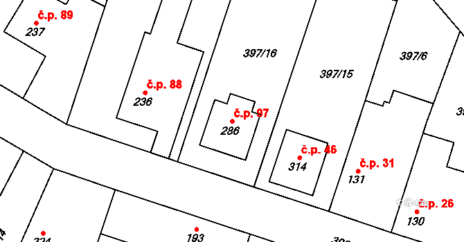 Hluboký Důl 97, Nebovidy na parcele st. 286 v KÚ Nebovidy, Katastrální mapa