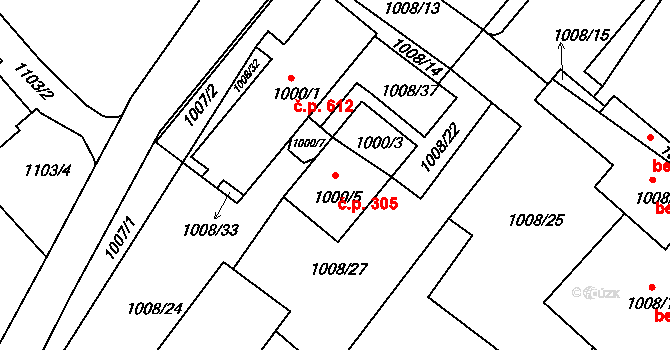Štípa 305, Zlín na parcele st. 1000/5 v KÚ Štípa, Katastrální mapa