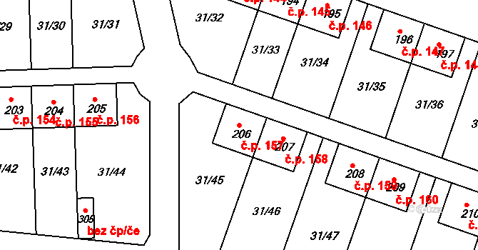 Srnojedy 157 na parcele st. 206 v KÚ Srnojedy, Katastrální mapa