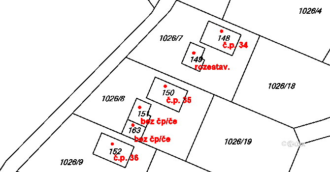 Radošovice 35, Bystřice na parcele st. 150 v KÚ Božkovice, Katastrální mapa