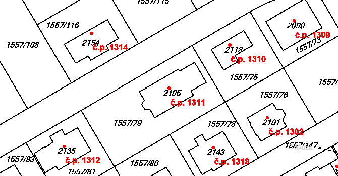 Rosice 1311 na parcele st. 2105 v KÚ Rosice u Brna, Katastrální mapa