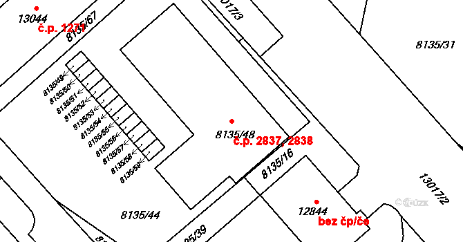 Jižní Předměstí 2837,2838, Plzeň na parcele st. 8135/48 v KÚ Plzeň, Katastrální mapa