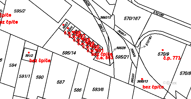 Vyškov-Předměstí 563, Vyškov na parcele st. 595/10 v KÚ Vyškov, Katastrální mapa