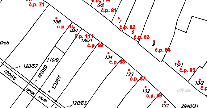 Drysice 68 na parcele st. 134 v KÚ Drysice, Katastrální mapa